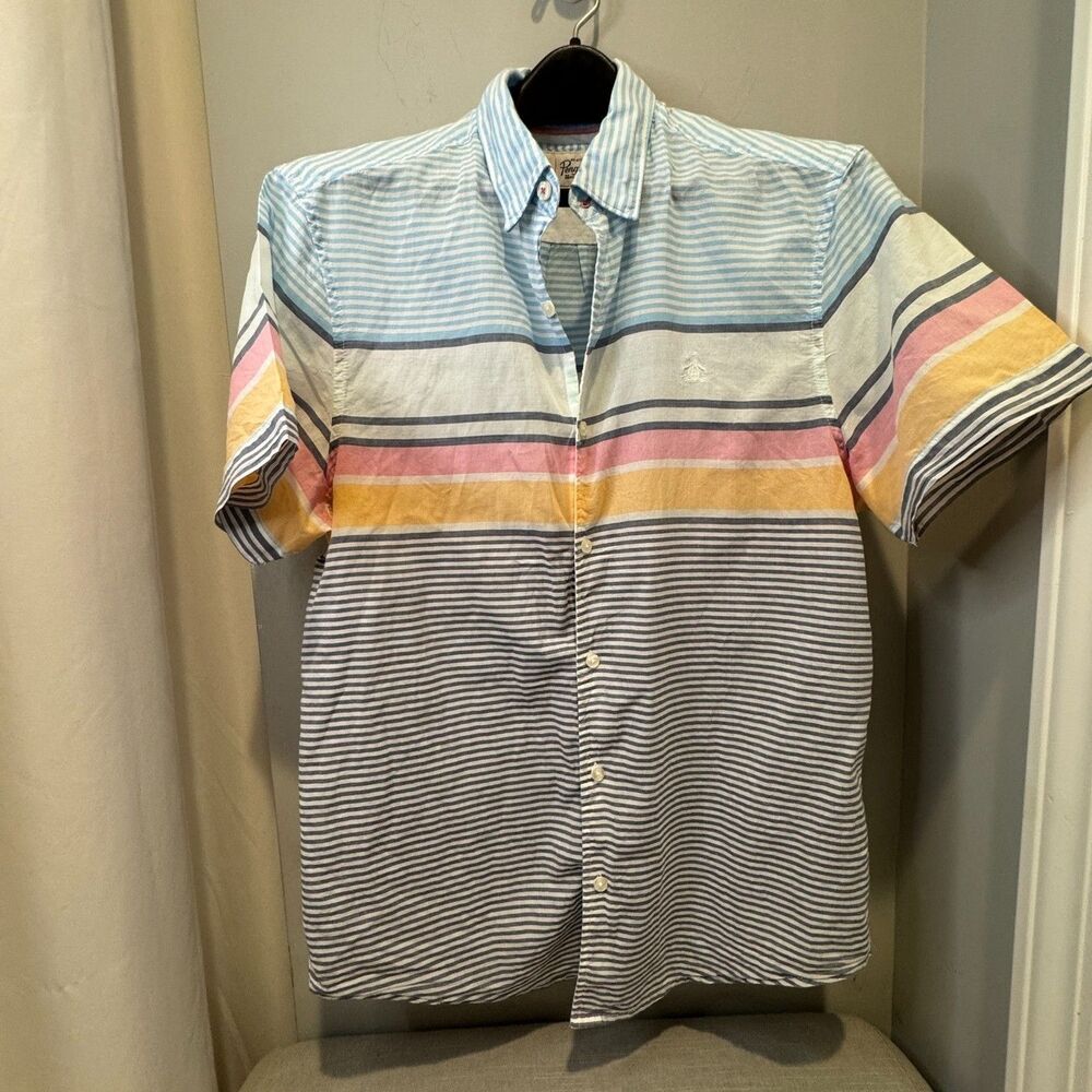 Original Penguin Shirt Men's L Color Block Striped Cotton Button Front Logo